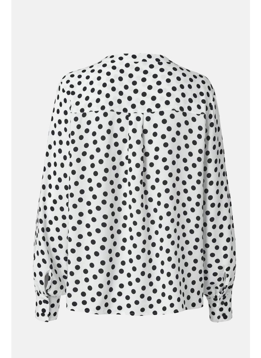 Women Round Neck Long Sleeves Polka Blouse, White