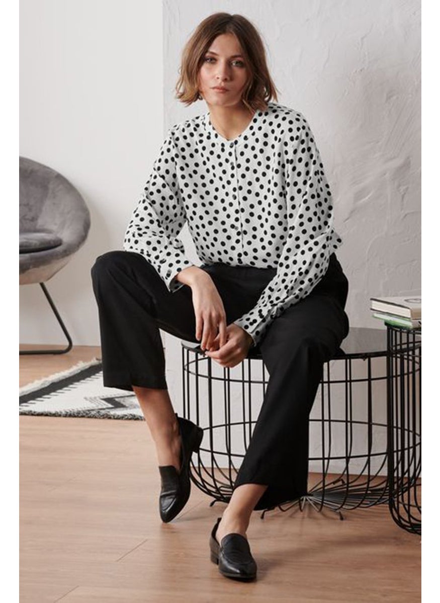 Women Round Neck Long Sleeves Polka Blouse, White