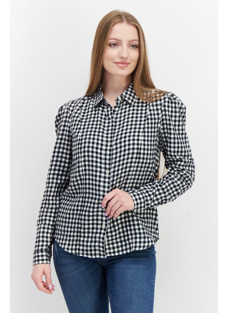 Women Pointed Collar Puff Sleeve Checkered Shirt, Black