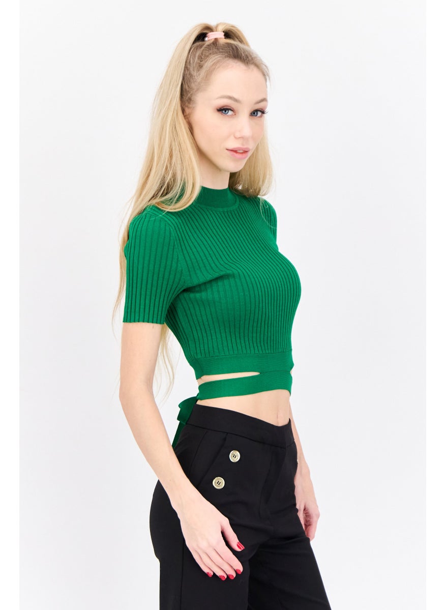 Women Mock Neck Short Sleeve Textured Top, Green