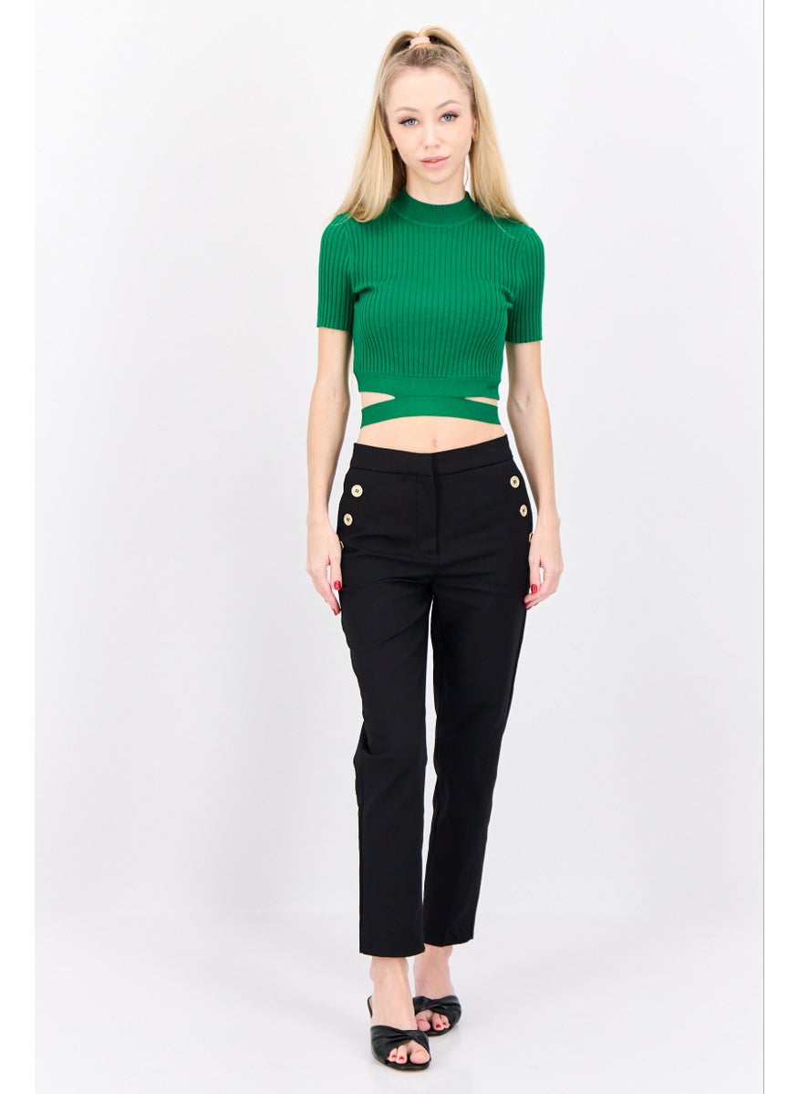 Women Mock Neck Short Sleeve Textured Top, Green