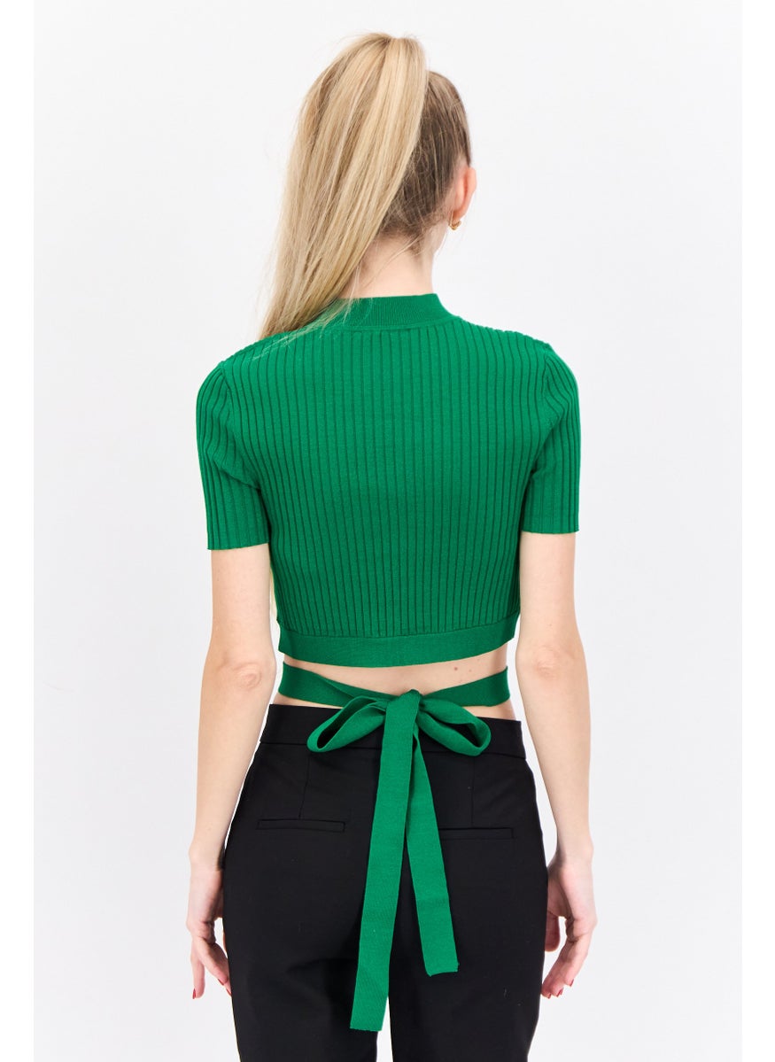 Women Mock Neck Short Sleeve Textured Top, Green