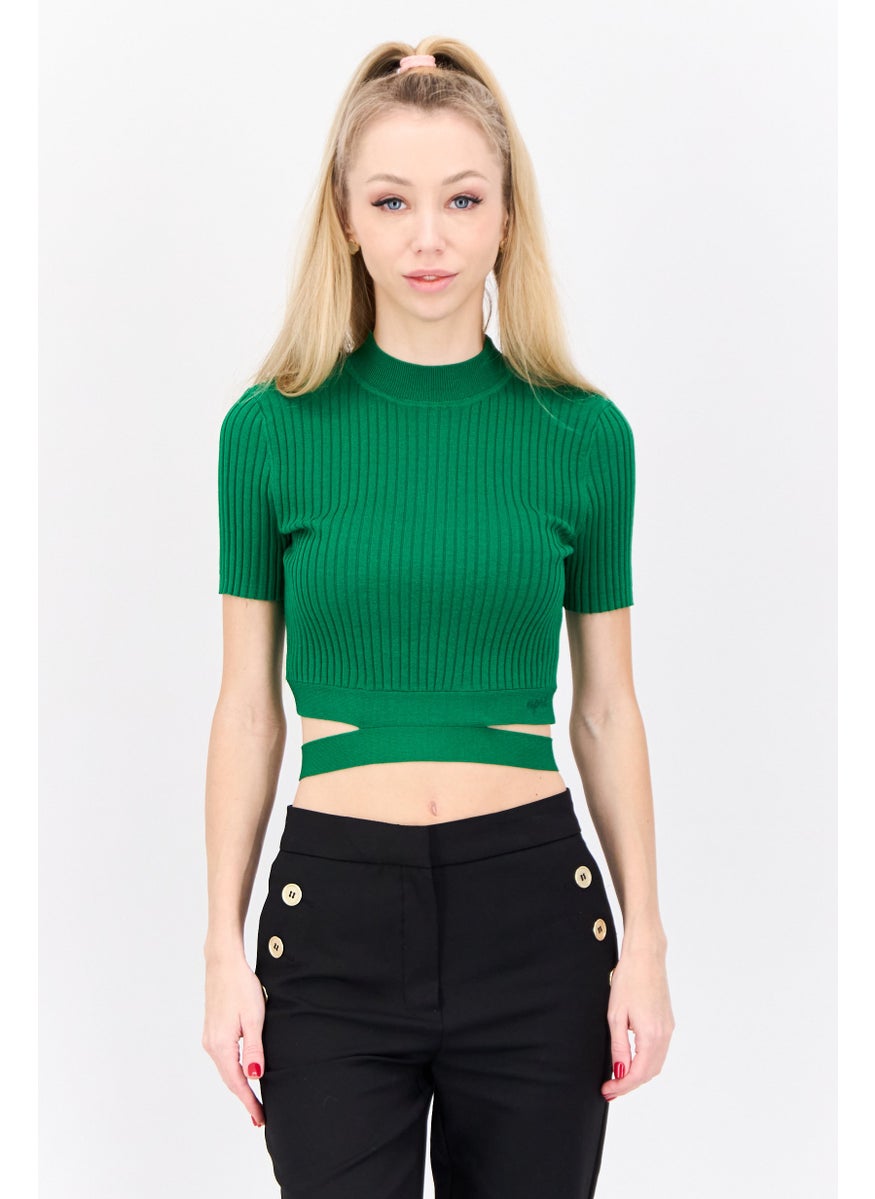 Women Mock Neck Short Sleeve Textured Top, Green