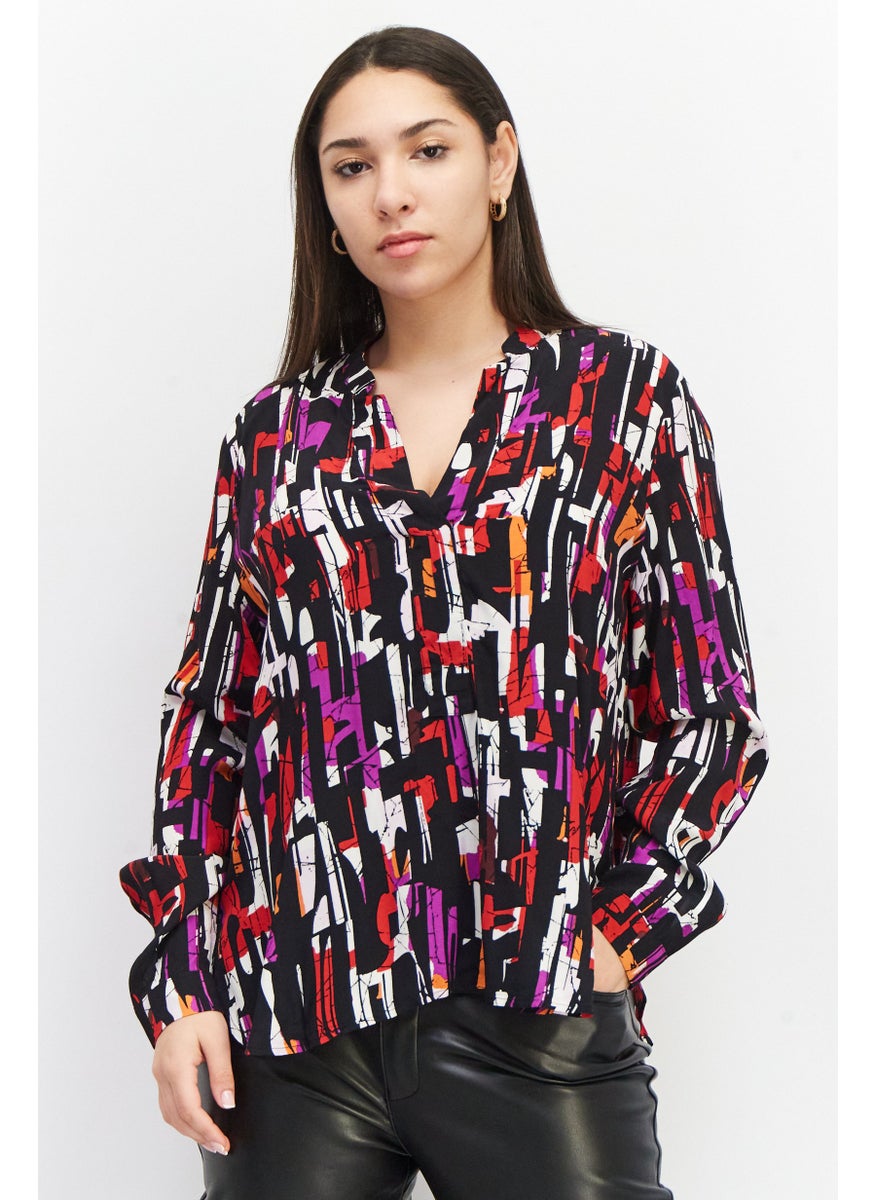 Women Split Neck Long Sleeve Allover Print Blouse, Black Combo