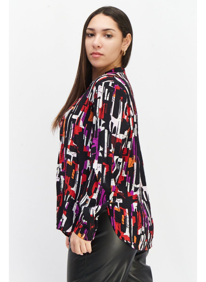 Women Split Neck Long Sleeve Allover Print Blouse, Black Combo