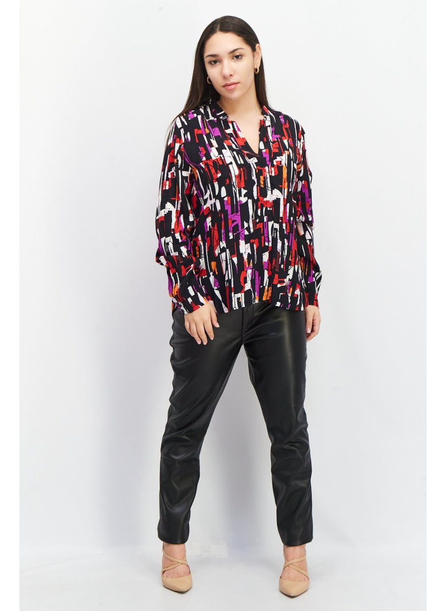 Women Split Neck Long Sleeve Allover Print Blouse, Black Combo