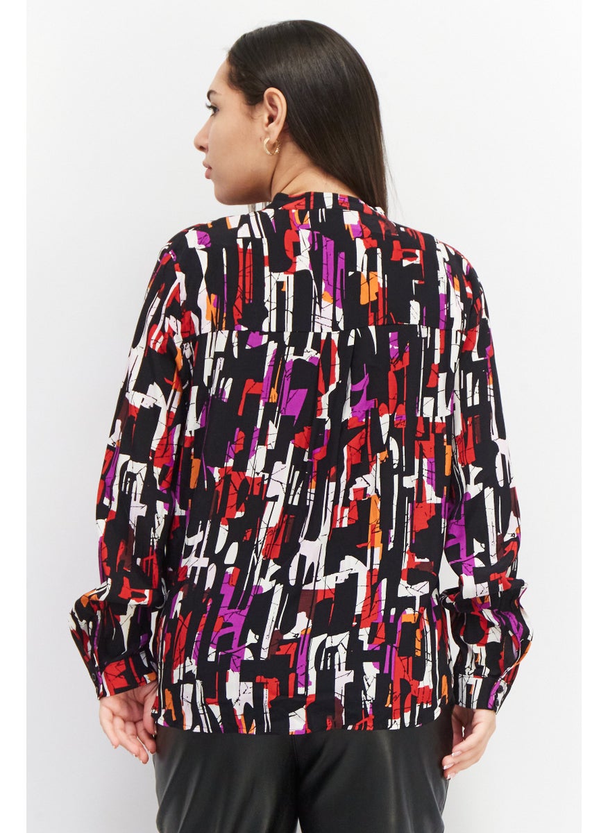 Women Split Neck Long Sleeve Allover Print Blouse, Black Combo