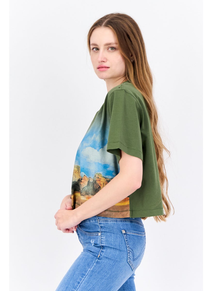 Women Oversized Crew Neck Short Sleeves Graphic Print Crop Top, Olive