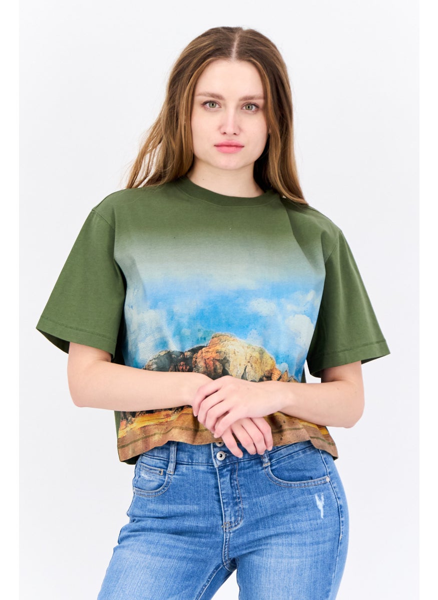 Women Oversized Crew Neck Short Sleeves Graphic Print Crop Top, Olive