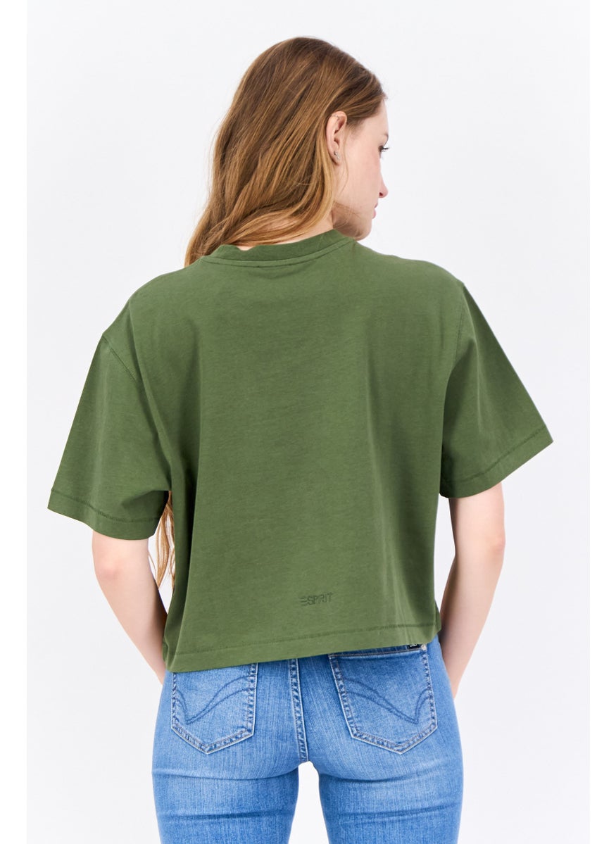 Women Oversized Crew Neck Short Sleeves Graphic Print Crop Top, Olive