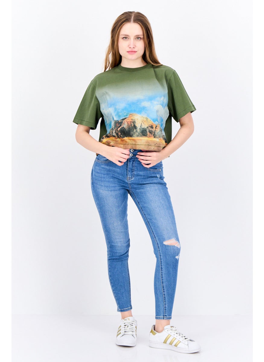 Women Oversized Crew Neck Short Sleeves Graphic Print Crop Top, Olive