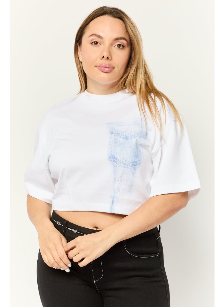 Women Crew Neck Short Sleeve Graphic Print Crop Top, White