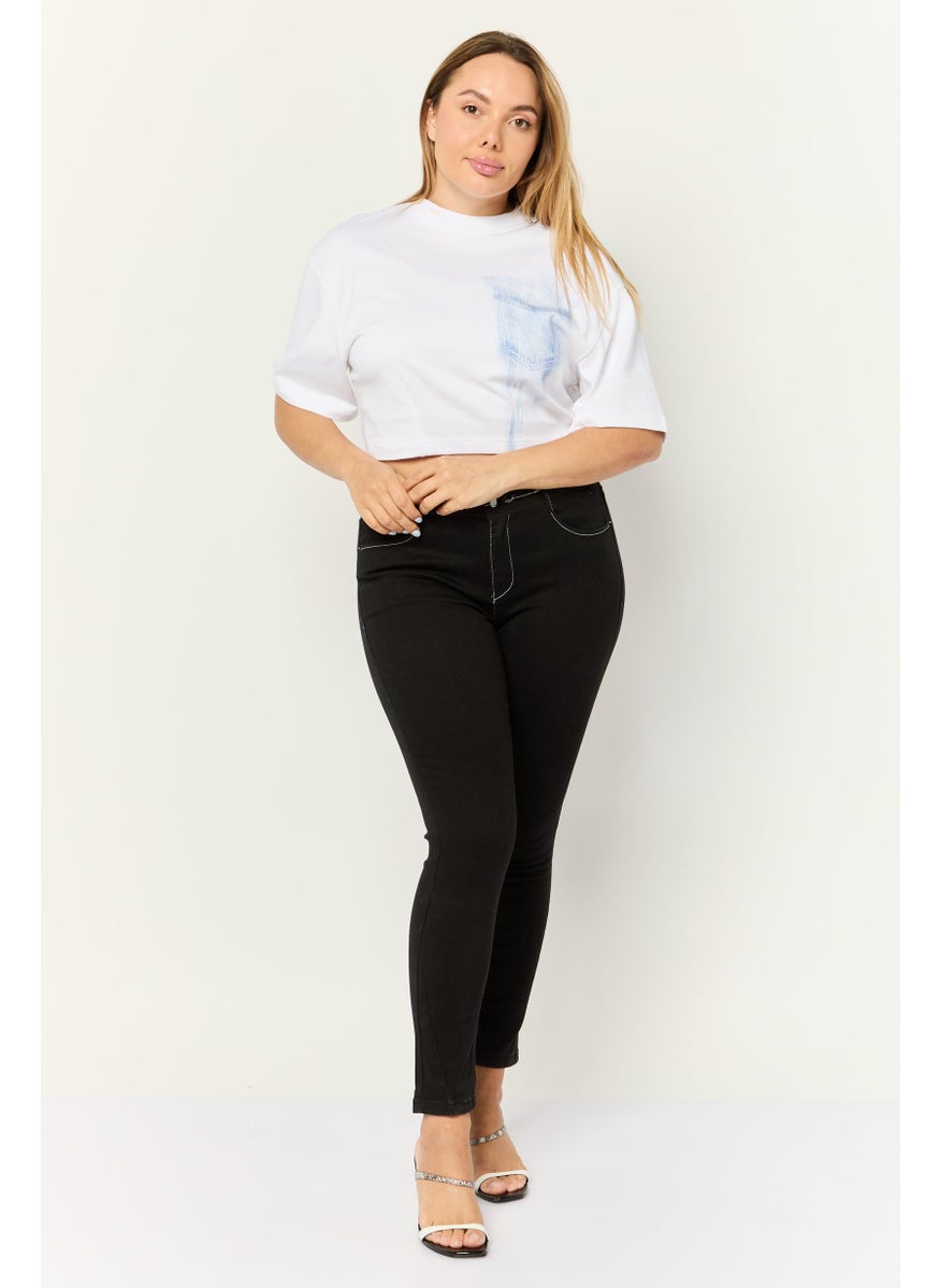 Women Crew Neck Short Sleeve Graphic Print Crop Top, White