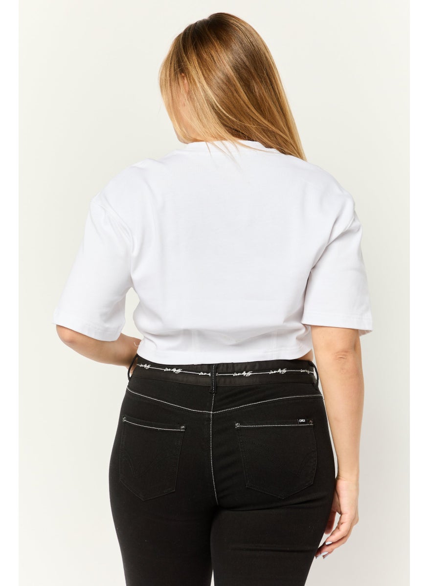 Women Crew Neck Short Sleeve Graphic Print Crop Top, White