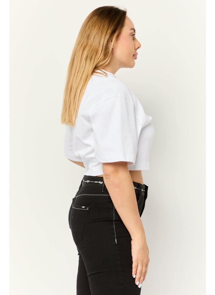 Women Crew Neck Short Sleeve Graphic Print Crop Top, White