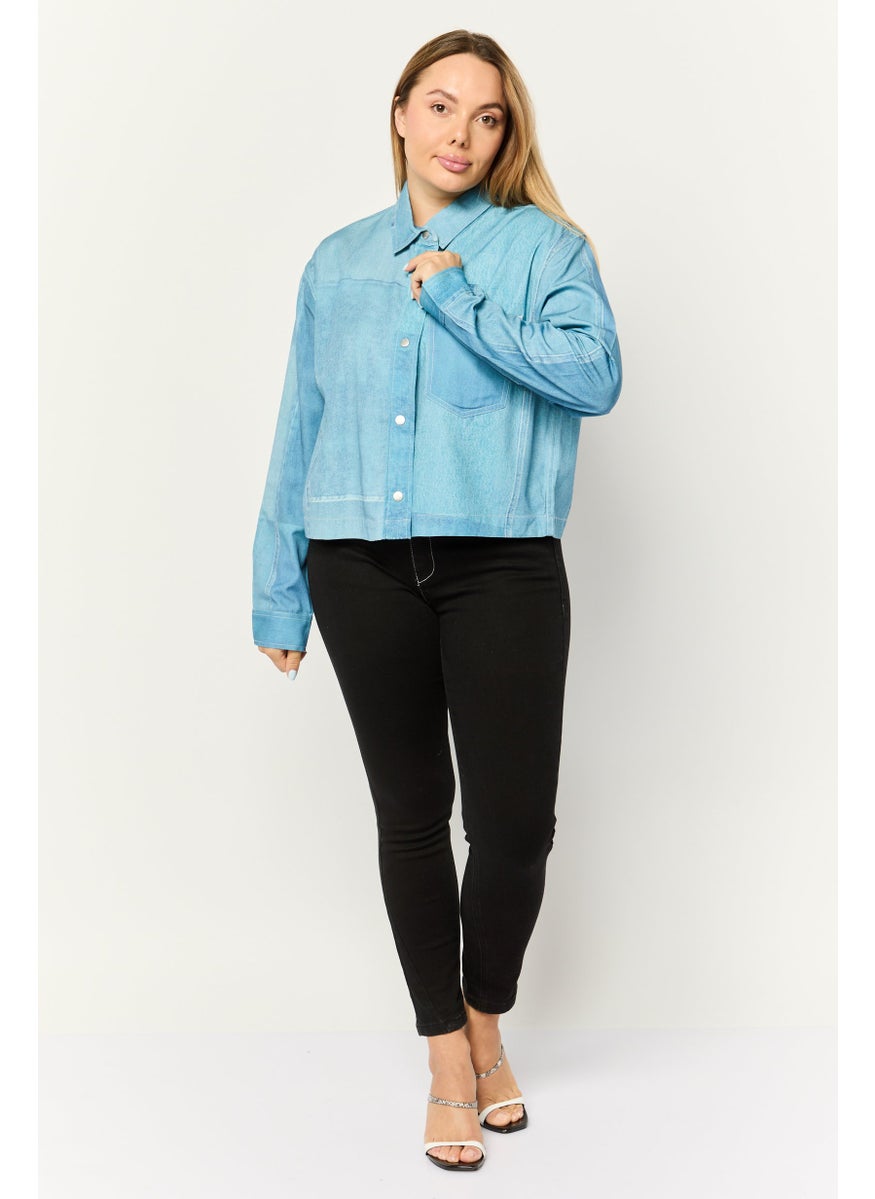 Women Spread Collar Long Sleeves Washed Shirt, Blue