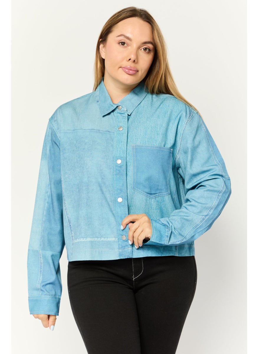Women Spread Collar Long Sleeves Washed Shirt, Blue