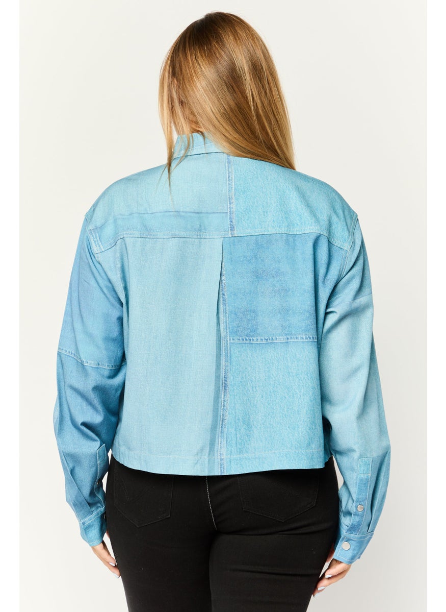 Women Spread Collar Long Sleeves Washed Shirt, Blue