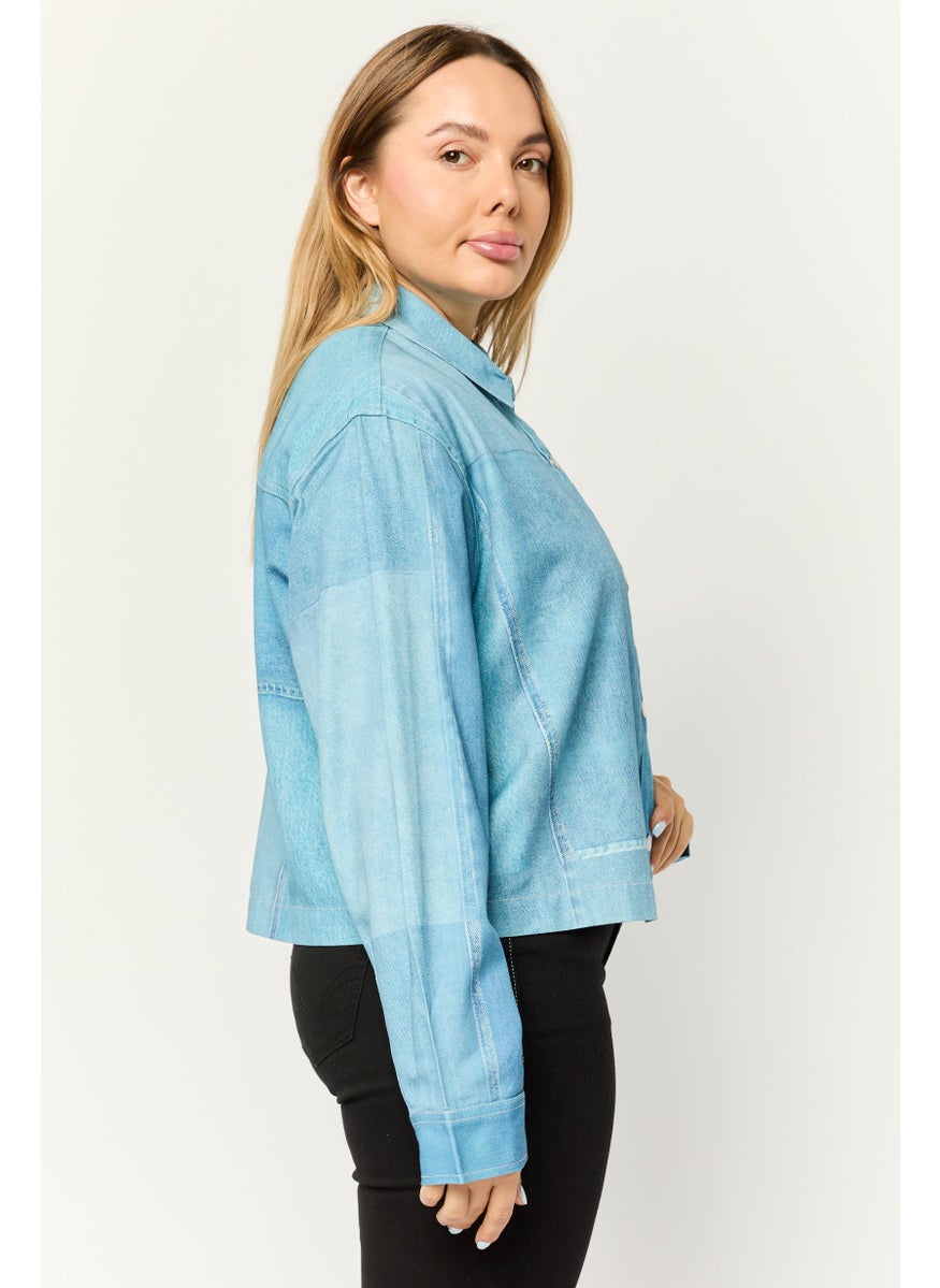 Women Spread Collar Long Sleeves Washed Shirt, Blue