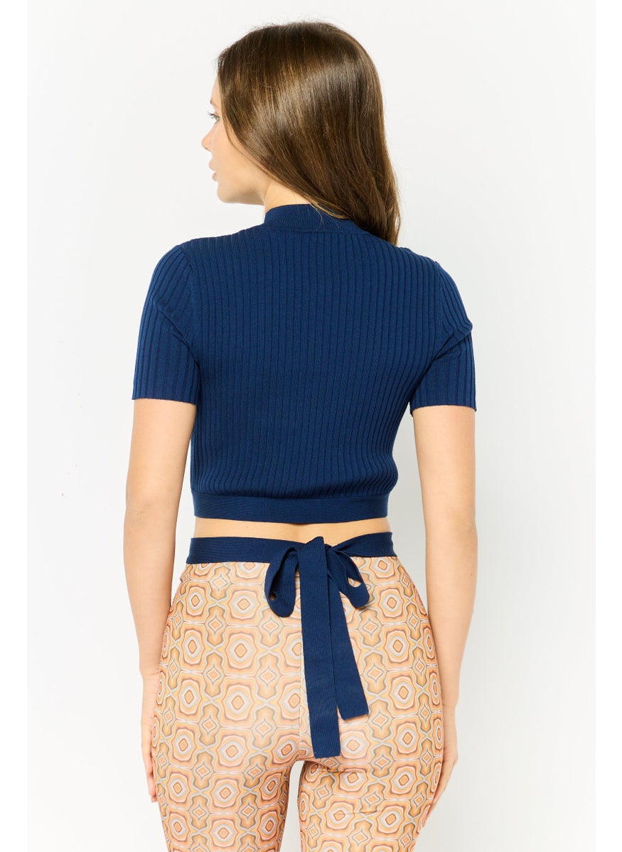 Women Mock Neck Short Sleeve Textured Top, Navy