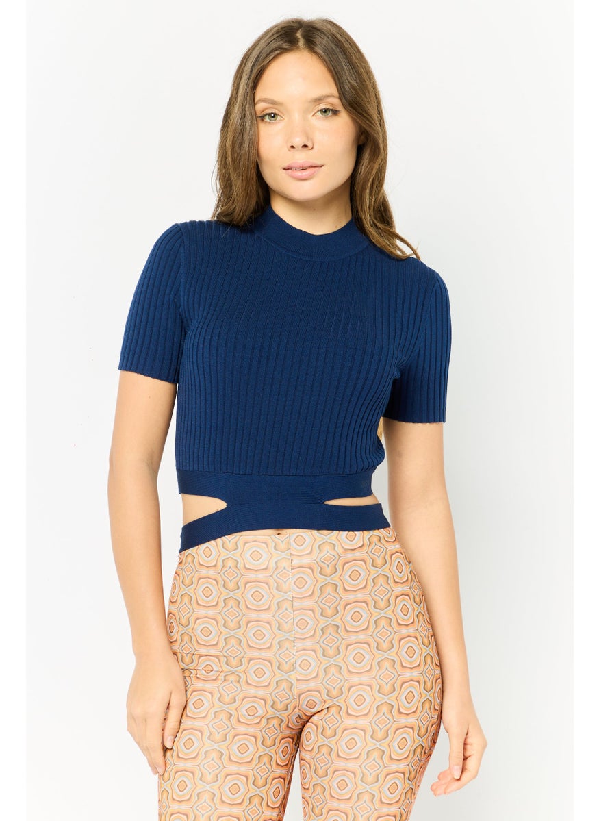 Women Mock Neck Short Sleeve Textured Top, Navy
