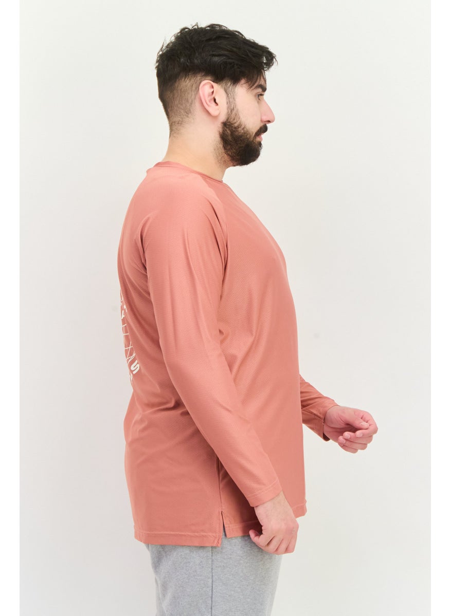 Men Round Neck Brand Logo Long Sleeve T Shirt, Rose Pink/White