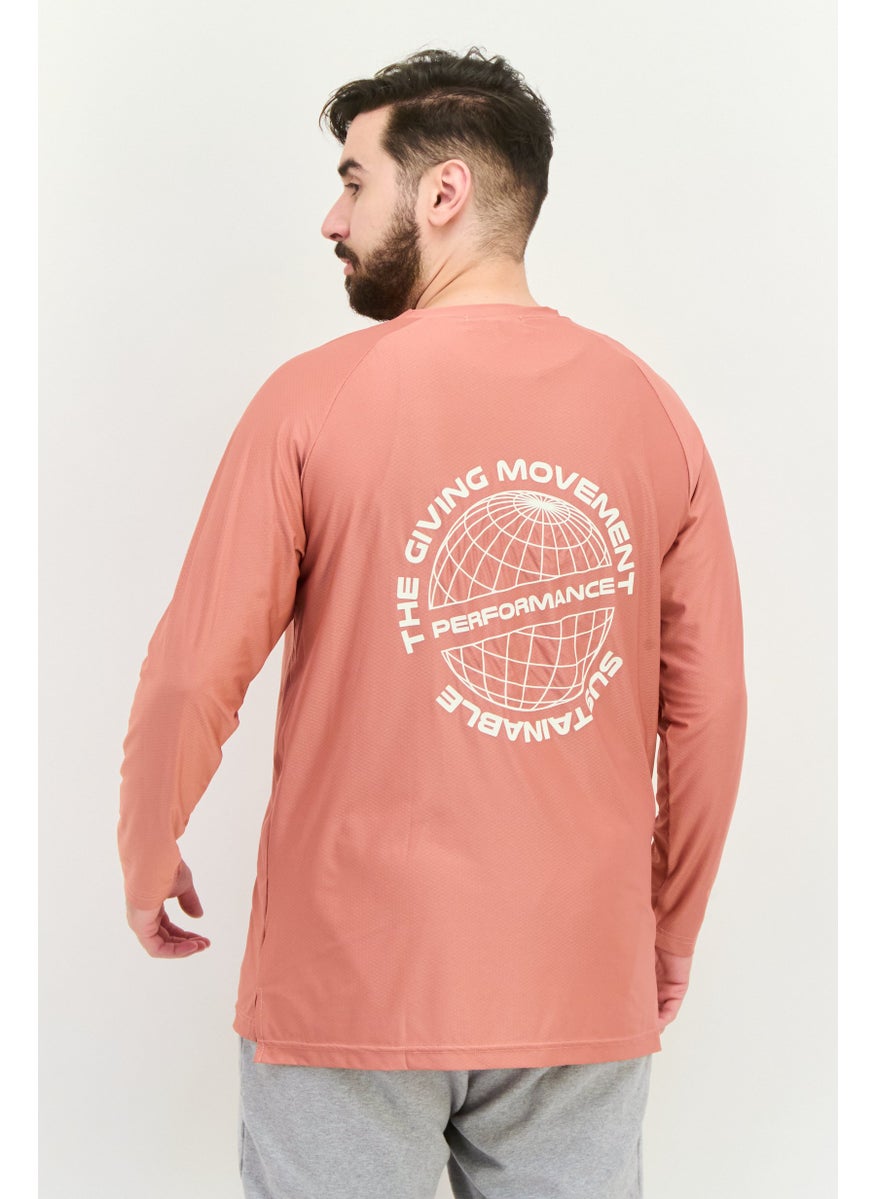 Men Round Neck Brand Logo Long Sleeve T Shirt, Rose Pink/White