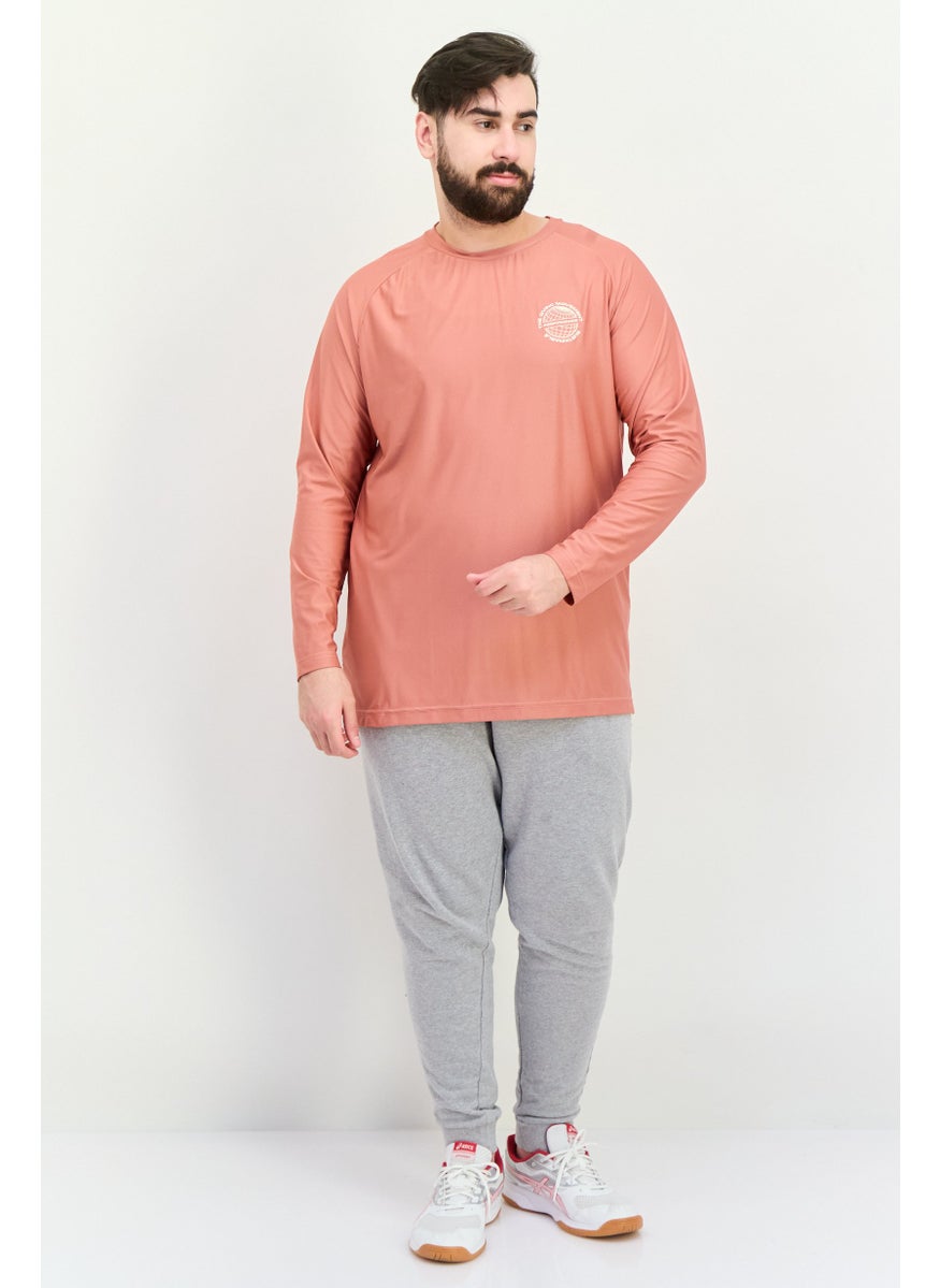 Men Round Neck Brand Logo Long Sleeve T Shirt, Rose Pink/White