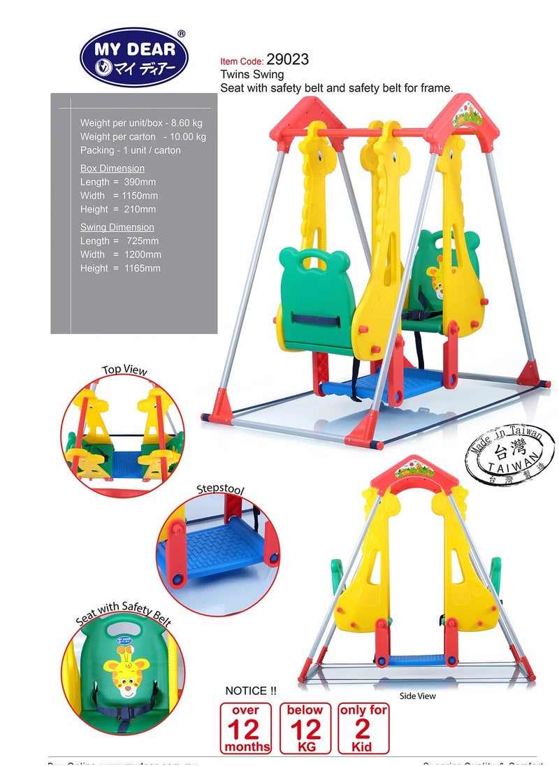 Double Seater Baby Swing Set with Safety belt, Stand and Foot rest, Multicoloured