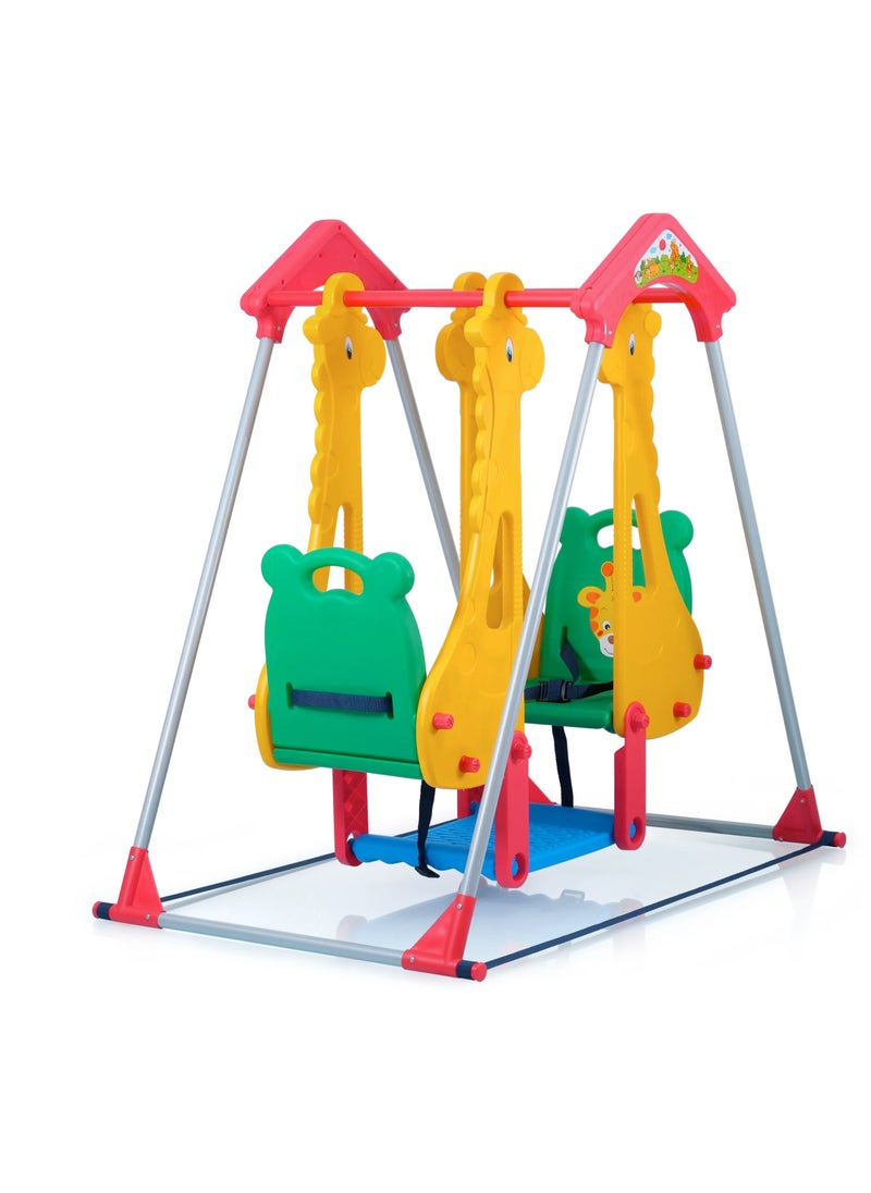 Double Seater Baby Swing Set with Safety belt, Stand and Foot rest, Multicoloured