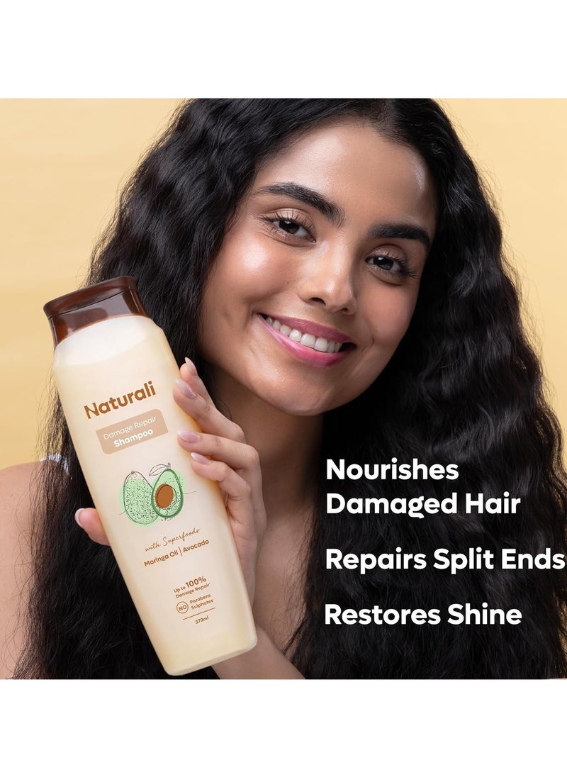 Damage Repair Shampoo with Moringa Oil & Avocado | Repairs Hair Damage | Paraben and Sulphate Free | Best Shampoo for Dry & Frizzy Hair (370ml)