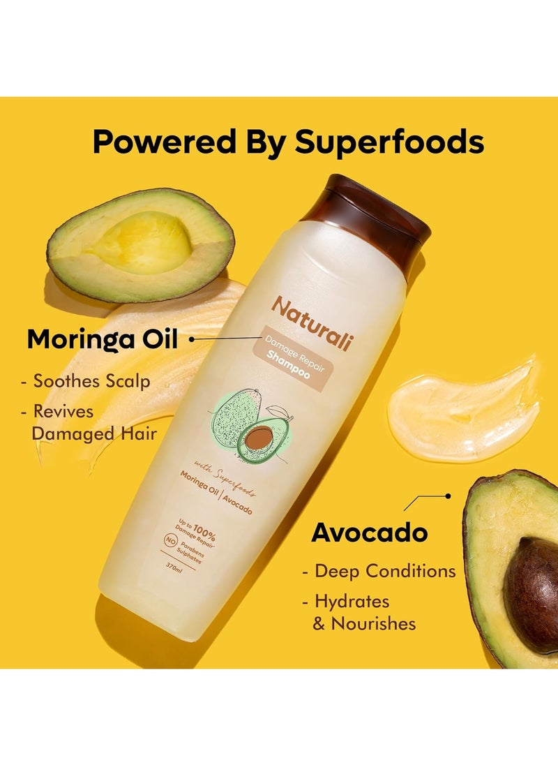 Damage Repair Shampoo with Moringa Oil & Avocado | Repairs Hair Damage | Paraben and Sulphate Free | Best Shampoo for Dry & Frizzy Hair (370ml)