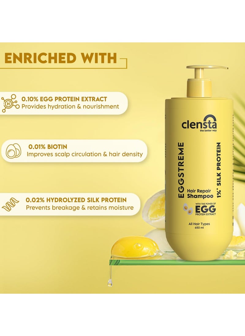 Eggstreme Hair Repair Shampoo With Egg Protein, Biotin & Hydrolyzed Silk Protein | Promotes Strengthening & Repair Damaged Hair | Sulfate & Paraben Free | For Men & Women - 650 ml