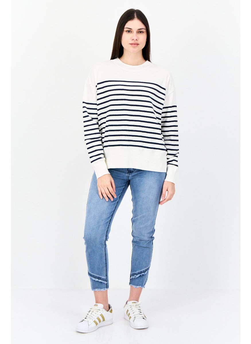 Women Crew Neck Long Sleeves Stripes Sweatshirt, Multicolor
