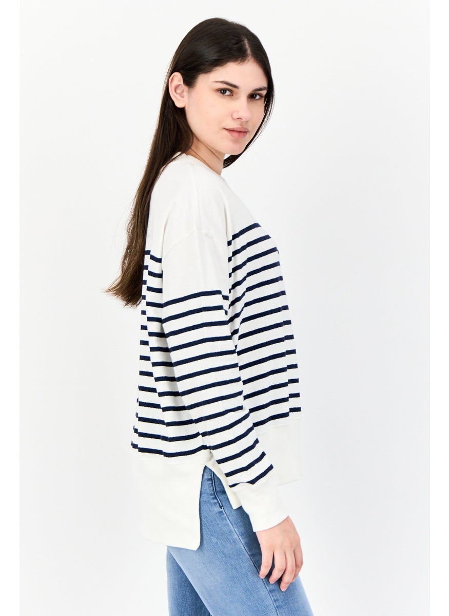 Women Crew Neck Long Sleeves Stripes Sweatshirt, Multicolor