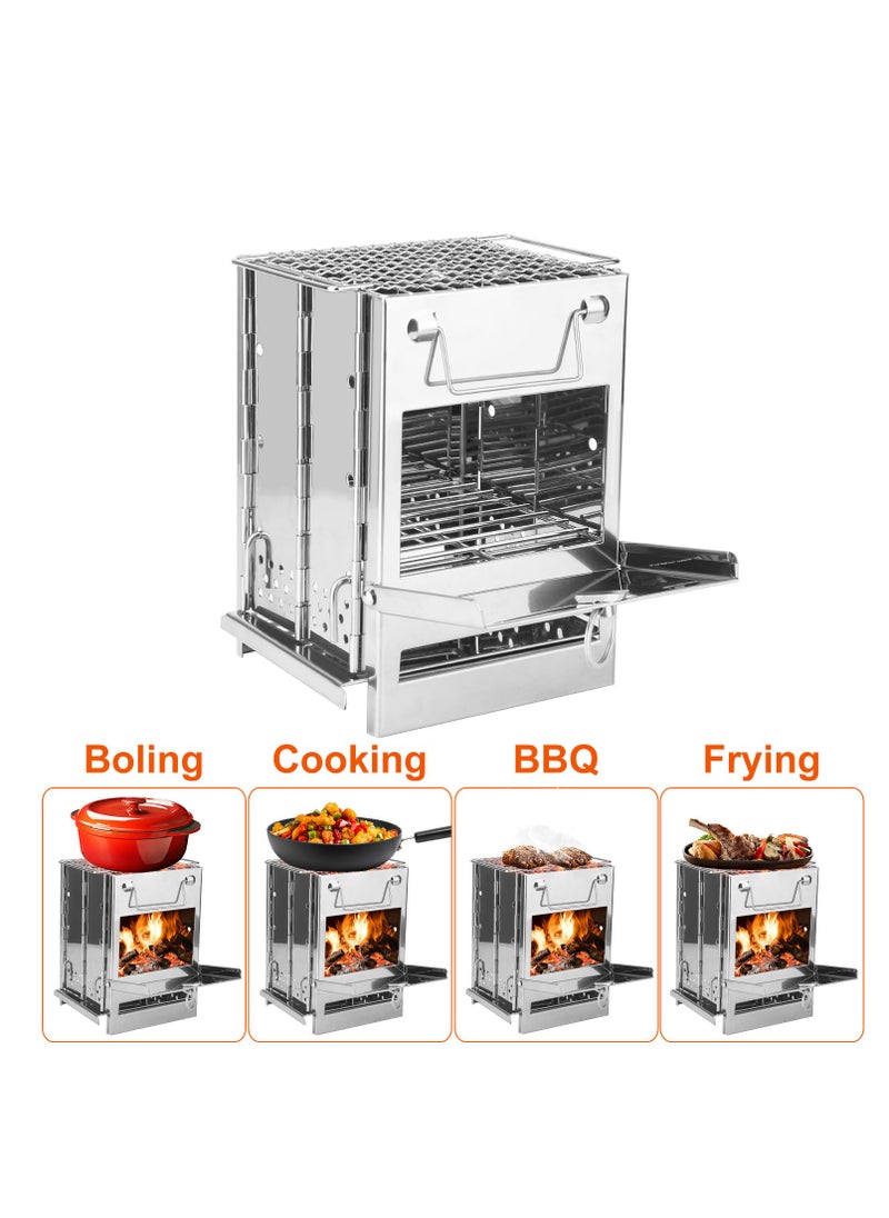 Portable Multi Metal Camping Wood Burning Stove, Stainless Steel Compact Foldable Fuel Camp Stove, Camping Stove with Storage Bag for Backpacking Hiking Travelling Cooking BBQ