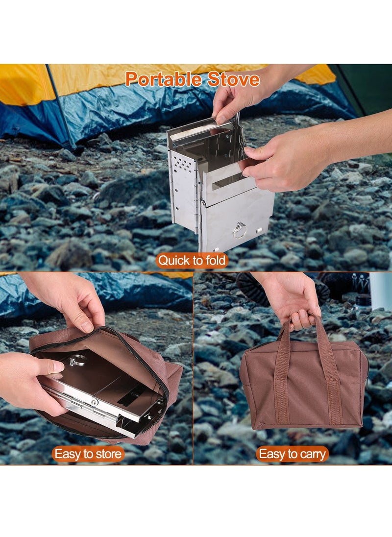 Portable Multi Metal Camping Wood Burning Stove, Stainless Steel Compact Foldable Fuel Camp Stove, Camping Stove with Storage Bag for Backpacking Hiking Travelling Cooking BBQ