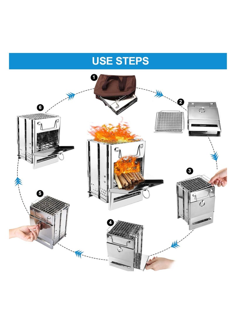 Portable Multi Metal Camping Wood Burning Stove, Stainless Steel Compact Foldable Fuel Camp Stove, Camping Stove with Storage Bag for Backpacking Hiking Travelling Cooking BBQ