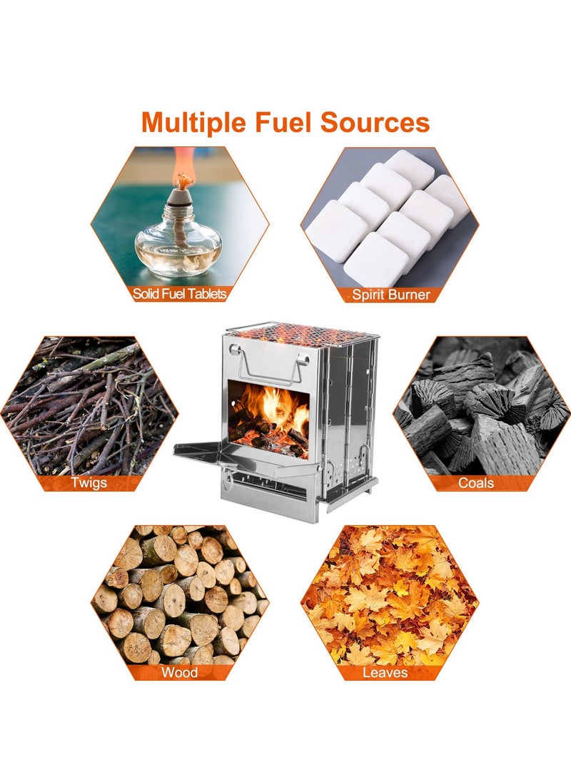 Portable Multi Metal Camping Wood Burning Stove, Stainless Steel Compact Foldable Fuel Camp Stove, Camping Stove with Storage Bag for Backpacking Hiking Travelling Cooking BBQ
