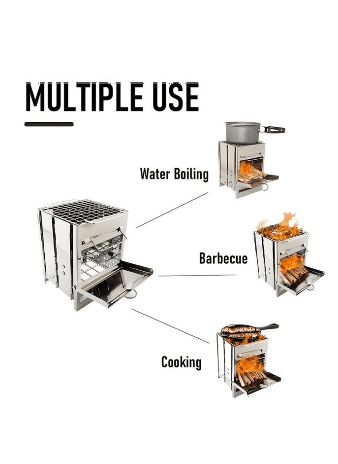 Portable Multi Metal Camping Wood Burning Stove, Stainless Steel Compact Foldable Fuel Camp Stove, Camping Stove with Storage Bag for Backpacking Hiking Travelling Cooking BBQ