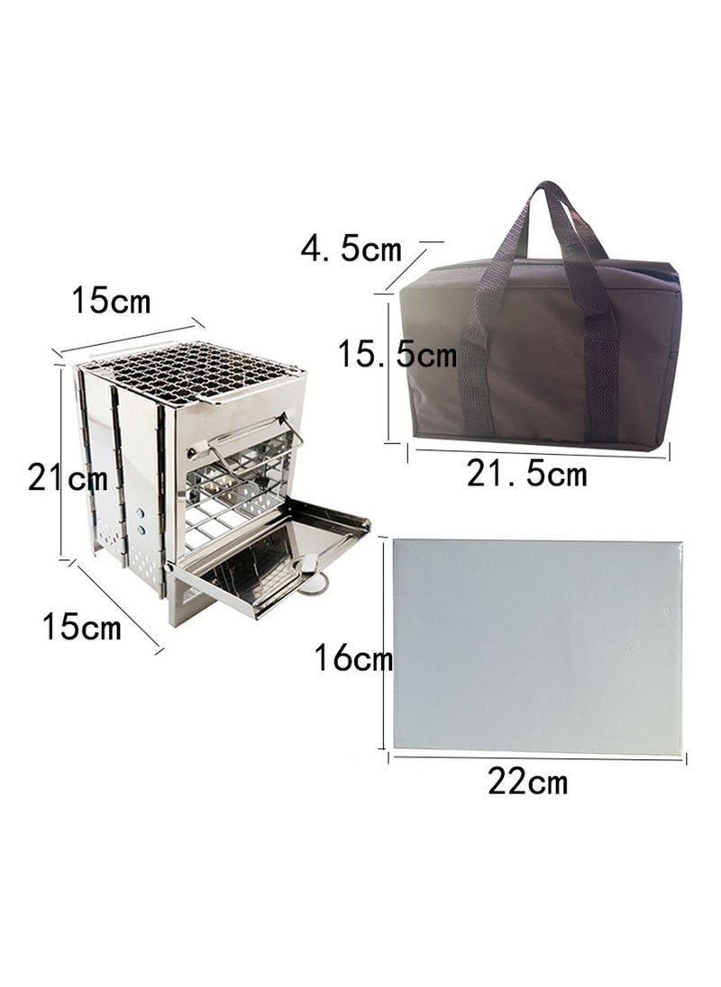 Portable Multi Metal Camping Wood Burning Stove, Stainless Steel Compact Foldable Fuel Camp Stove, Camping Stove with Storage Bag for Backpacking Hiking Travelling Cooking BBQ