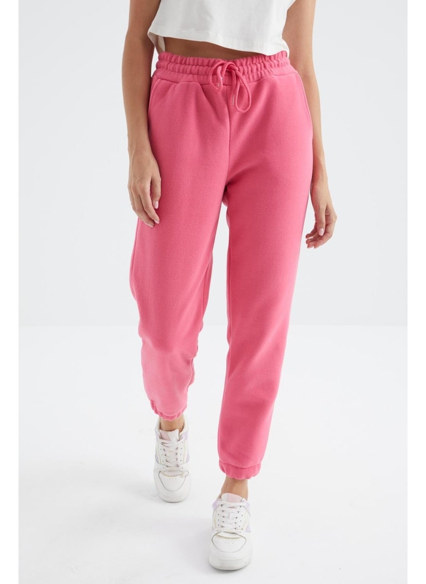 Pink High Waist Basic Laced Jogger Fleece Women's Tracksuit Bottom - 94622