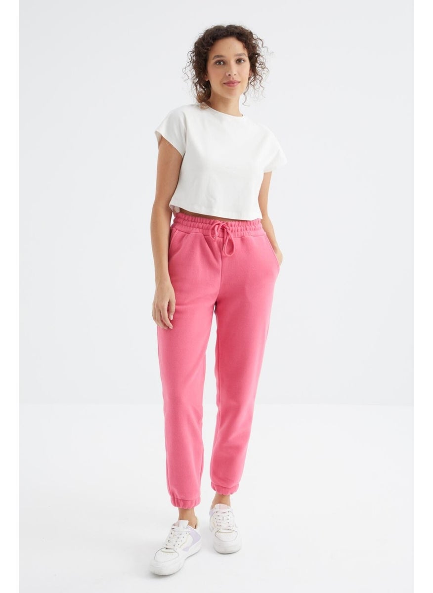 Pink High Waist Basic Laced Jogger Fleece Women's Tracksuit Bottom - 94622