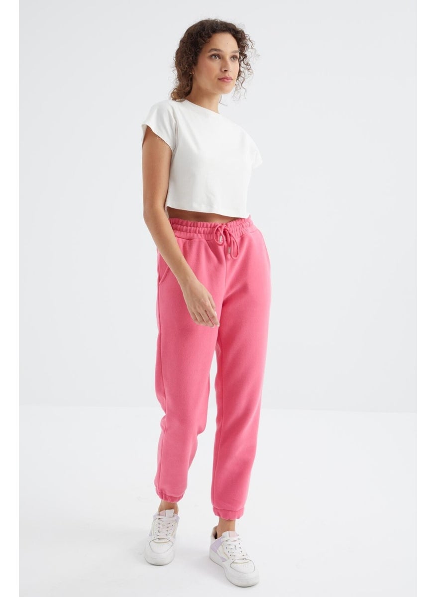 Pink High Waist Basic Laced Jogger Fleece Women's Tracksuit Bottom - 94622