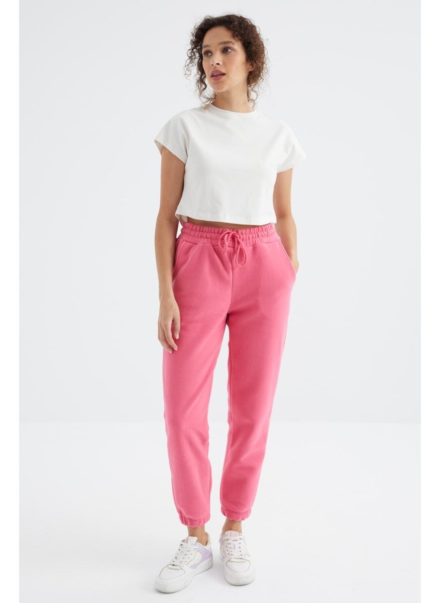 Pink High Waist Basic Laced Jogger Fleece Women's Tracksuit Bottom - 94622