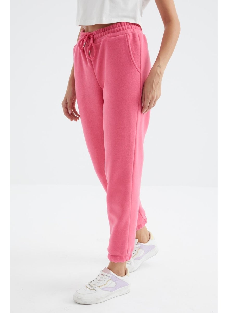 Pink High Waist Basic Laced Jogger Fleece Women's Tracksuit Bottom - 94622