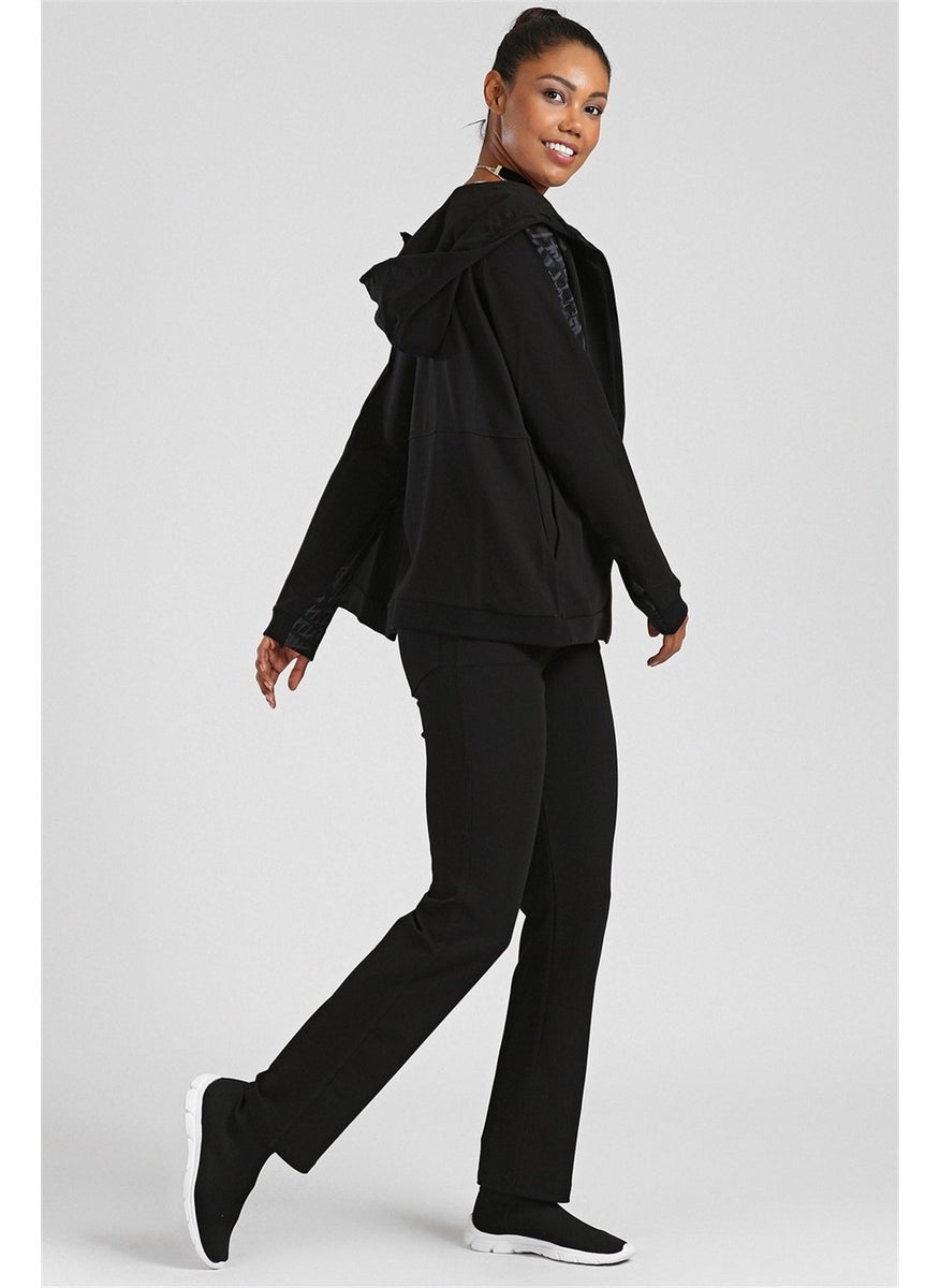Black Women's Stone Detailed Pocket Comfortable Form Classic Leg Plus Size Tracksuit Bottom-94040