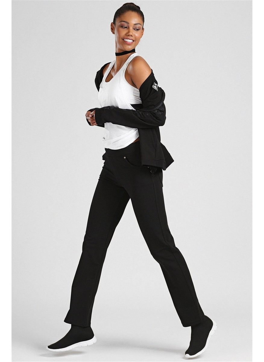 Black Women's Stone Detailed Pocket Comfortable Form Classic Leg Plus Size Tracksuit Bottom-94040