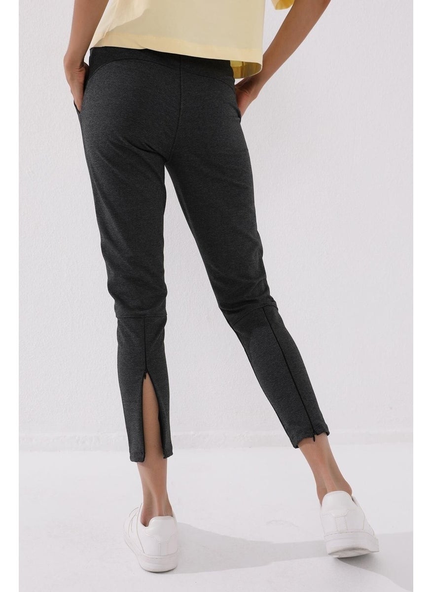 Anthracite Melange Women's Zippered Leg Pocket Standard Pattern Tracksuit Bottom-94246