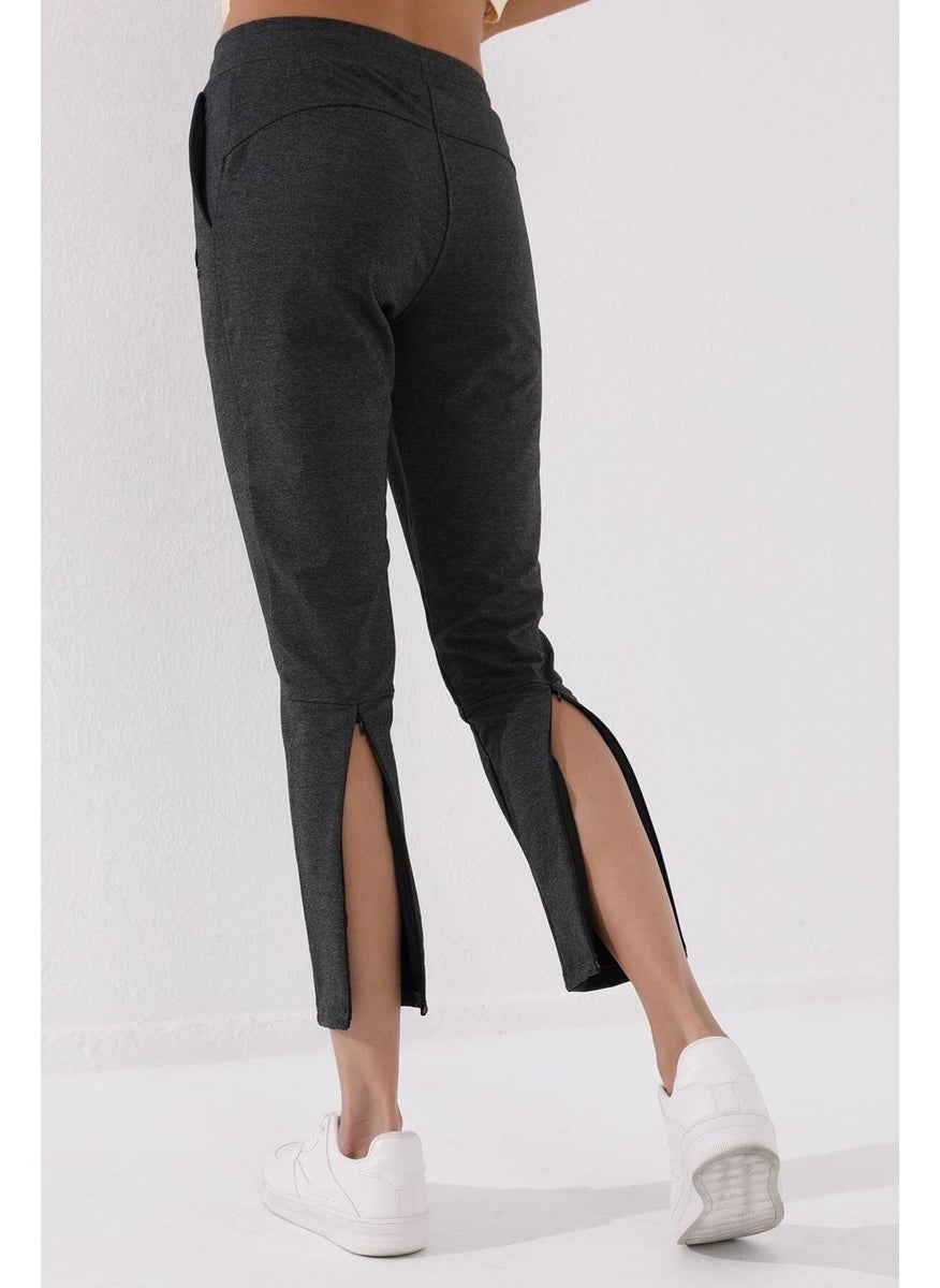 Anthracite Melange Women's Zippered Leg Pocket Standard Pattern Tracksuit Bottom-94246